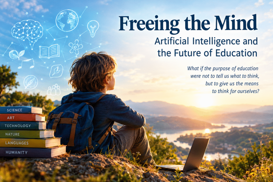 Child with backpack and laptop on a hill at sunrise, colorful books beside—symbolizing future education.