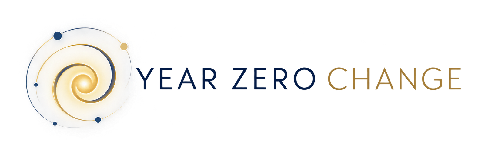 Year Zero Change logo: glowing spiral orb on the left with the text 'YEAR ZERO CHANGE' in blue and warm gradient to the right